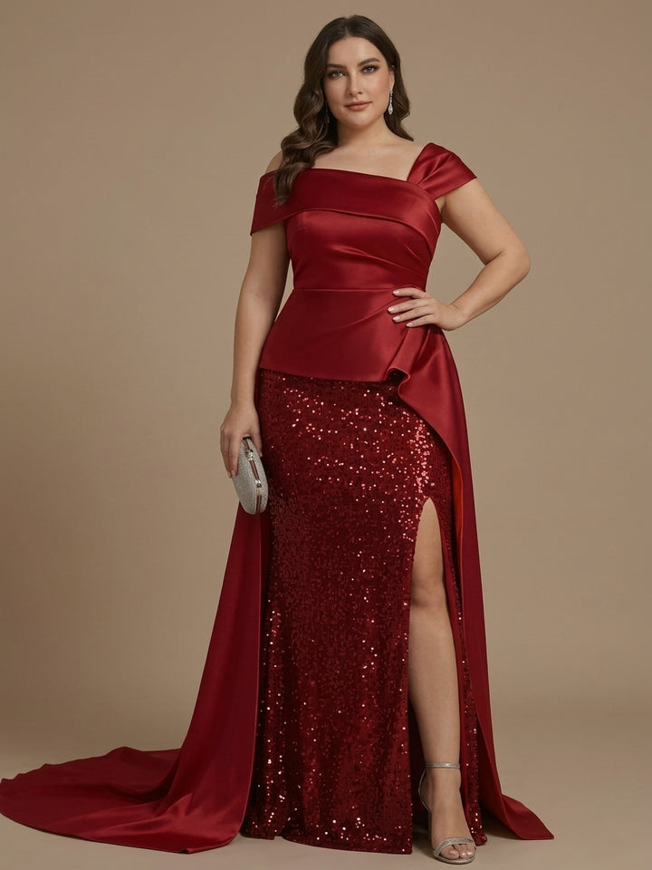 Sheath/Column Off-the-Shoulder Satin Plus Size Mother of the Bride Dresses with Split Side Sequins Sleeveless Floor-Length Ruched