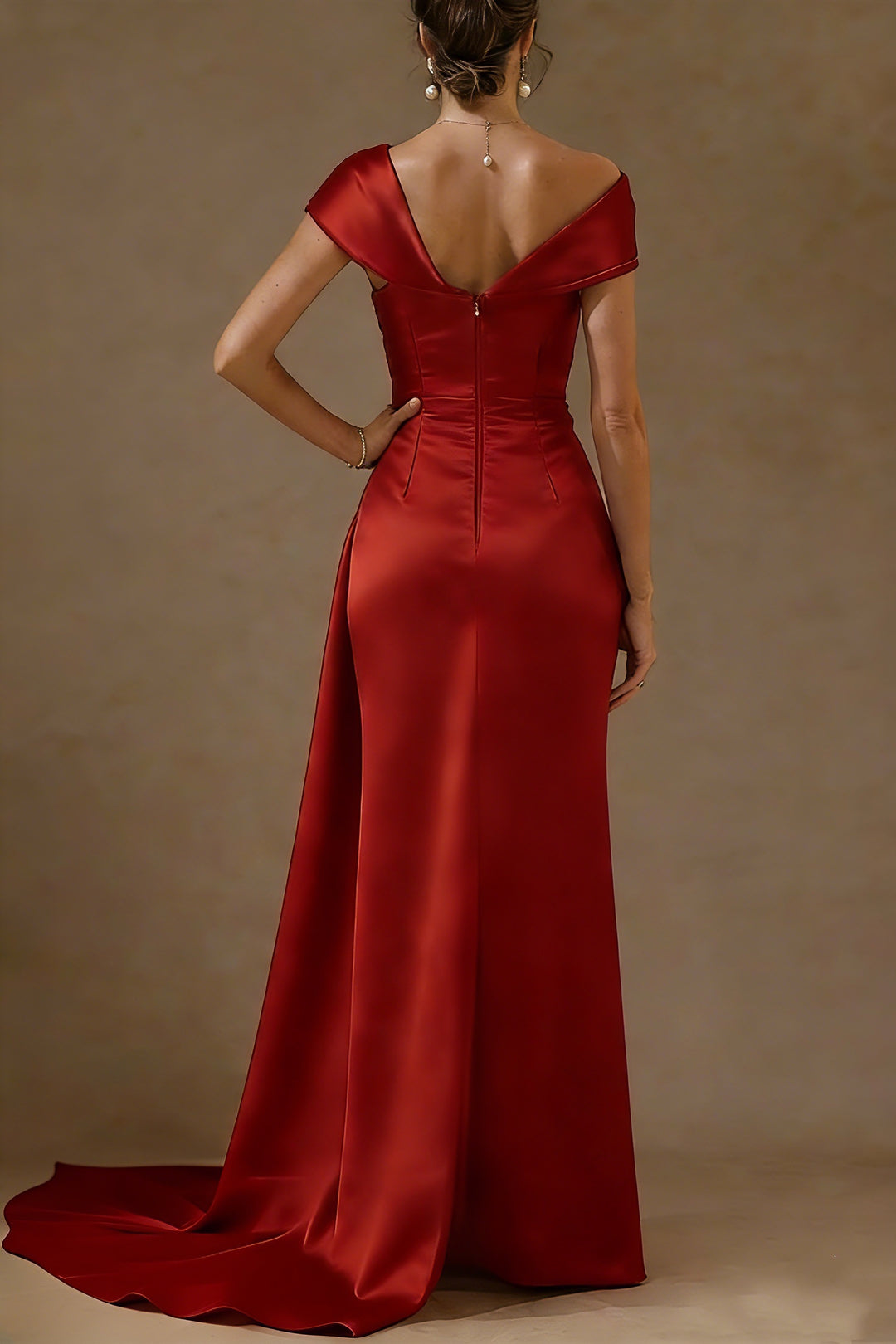 Sheath/Column Off-the-Shoulder Satin Mother of the Bride Dresses with Split Side Sequins Sleeveless Floor-Length Ruched