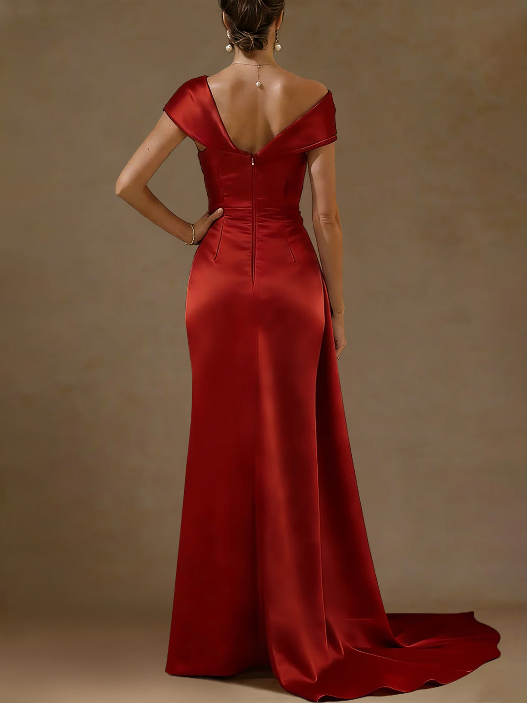 Sheath/Column Off-the-Shoulder Satin Mother of the Bride Dresses with Split Side Sequins Sleeveless Floor-Length Ruched