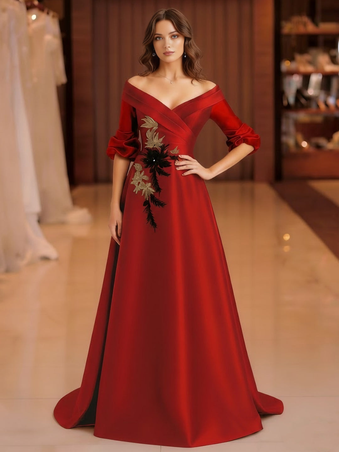 A-Line/Princess Off-the-Shoulder Satin Mother of the Bride Dresses Half Sleeves Floor-Length Appliques