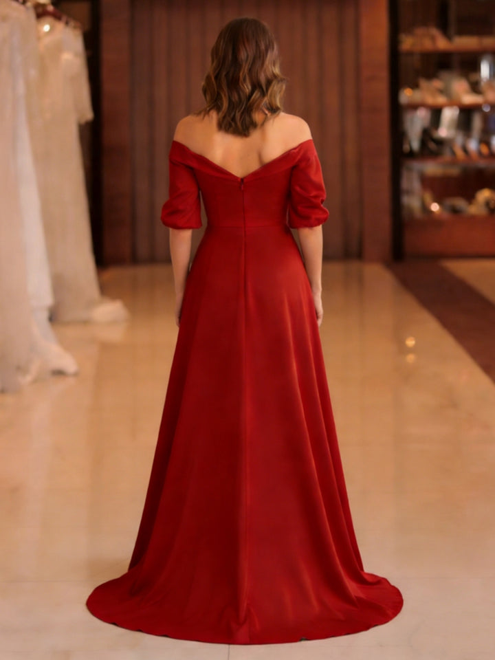 A-Line/Princess Off-the-Shoulder Satin Mother of the Bride Dresses Half Sleeves Floor-Length Appliques