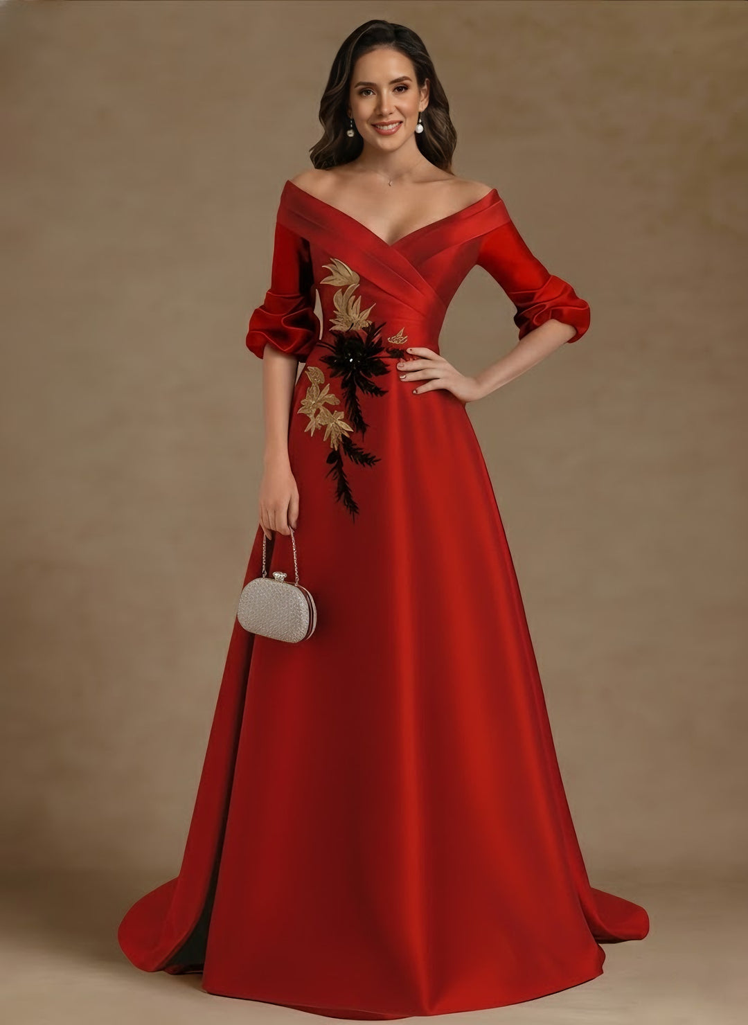 A-Line/Princess Off-the-Shoulder Satin Mother of the Bride Dresses Half Sleeves Floor-Length Appliques