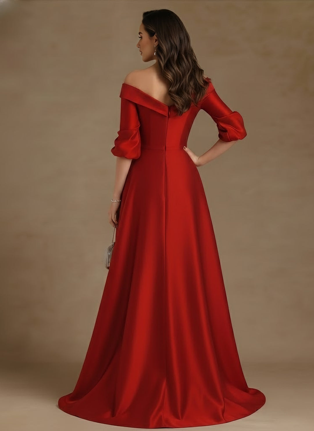 A-Line/Princess Off-The-Shoulder Satin Mother of The Bride Dresses Half Sleeves Floor-Length Appliques, Red A-Line/Princess Off-The-Shoulder Satin Mother of The Bride Dresses Half Sleeves Floor-Length Appliques, Red