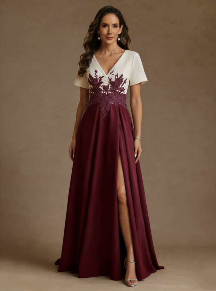 A-Line/Princess V-Neck Stretch Satin Mother of the Bride Dresses with Split Side Lace Floor-Length Short Sleeves