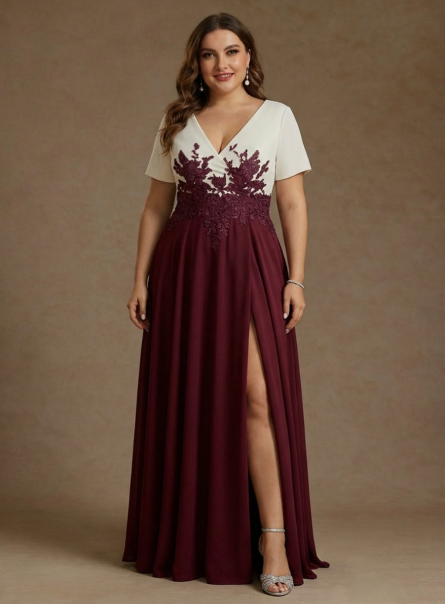 A-Line/Princess V-Neck Stretch Satin Plus Size Mother of the Bride Dresses with Split Side Lace Floor-Length Short Sleeves