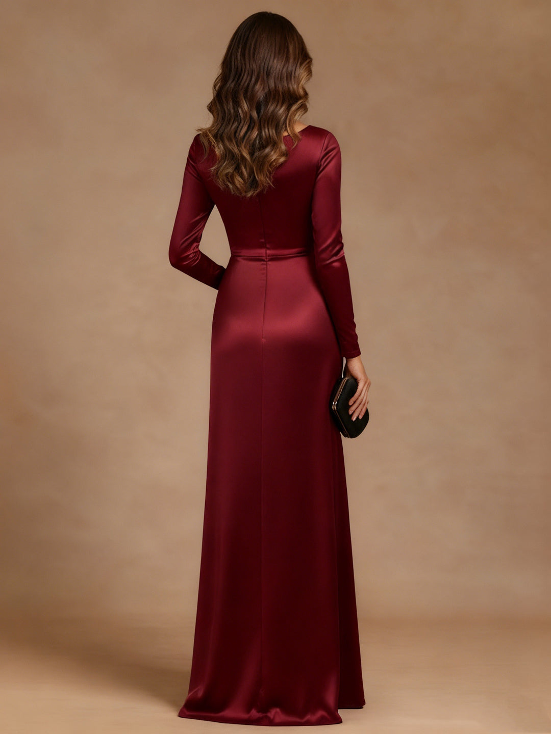 Sheath/Column Asymmetrical Neck Satin Mother of the Bride Dresses Rhinestone Long Sleeves Floor-Length Ruched