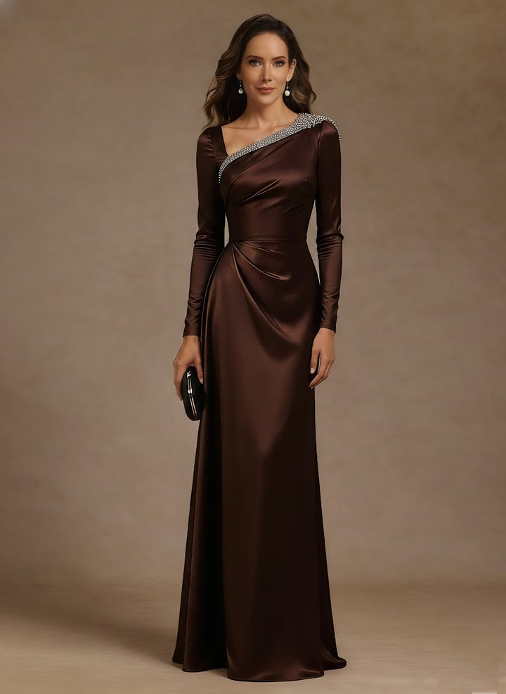 Sheath/Column Asymmetrical Neck Satin Mother of the Bride Dresses Rhinestone Long Sleeves Floor-Length Ruched