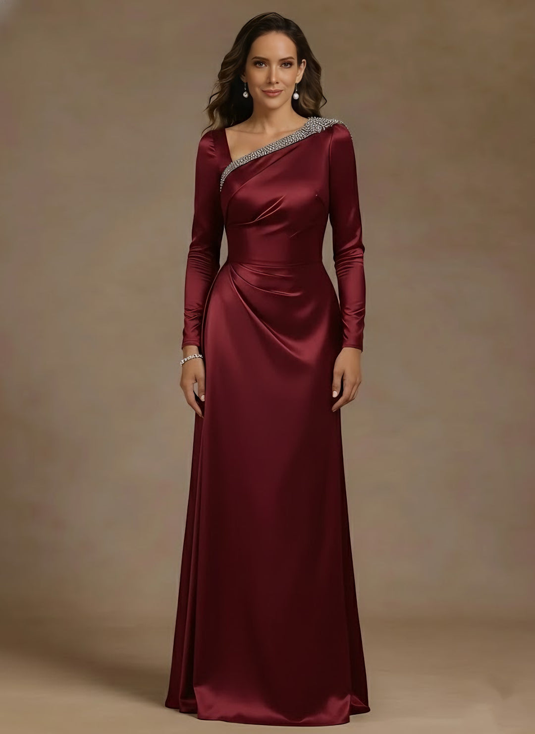Sheath/Column Asymmetrical Neck Satin Mother of the Bride Dresses Rhinestone Long Sleeves Floor-Length Ruched