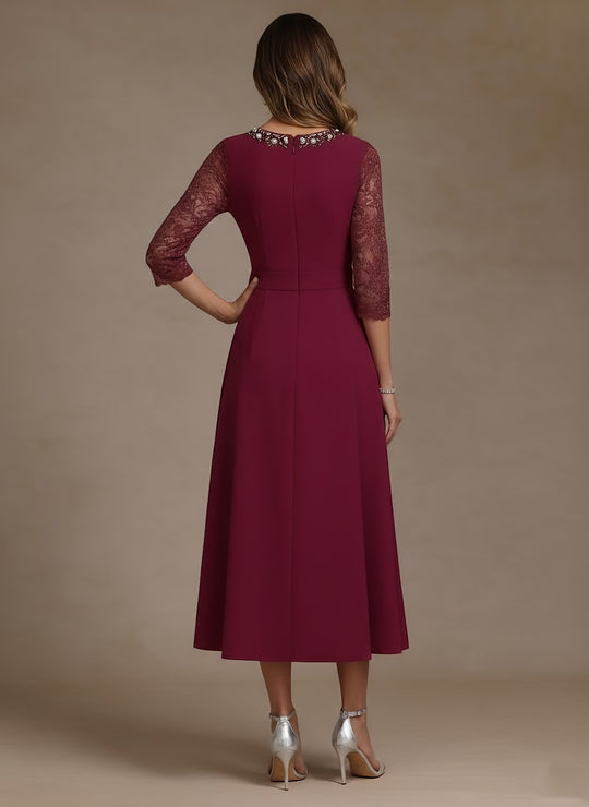 A-Line/Princess Jewel Neck Stretch Satin Mother of the Bride Dresses Lace Floor-Length Sash Bowknot 3/4 Sleeves main image 1