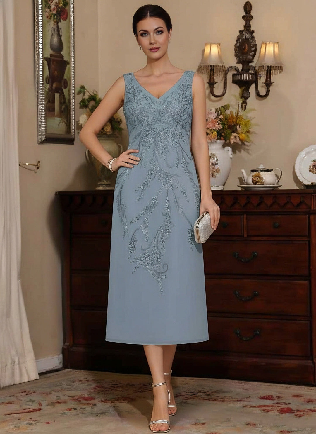 2 Pieces Sheath/Column V-Neck Chiffon Mother of the Bride Dresses with Jacket Sequins Tea-Length Long Sleeves