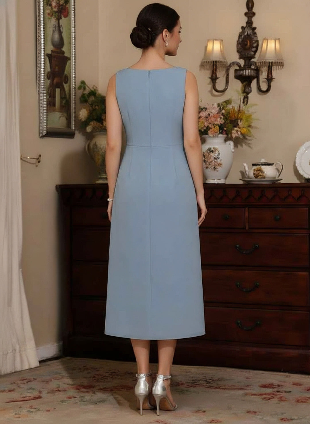 2 Pieces Sheath/Column V-Neck Chiffon Mother of the Bride Dresses with Jacket Sequins Tea-Length Long Sleeves