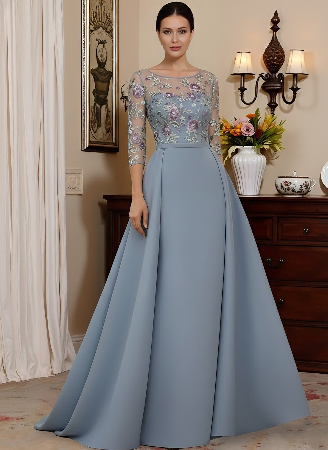 A-Line/Princess Scoop Satin Mother of the Bride Dresses Lace Floral Floor-Length 3/4 Sleeves