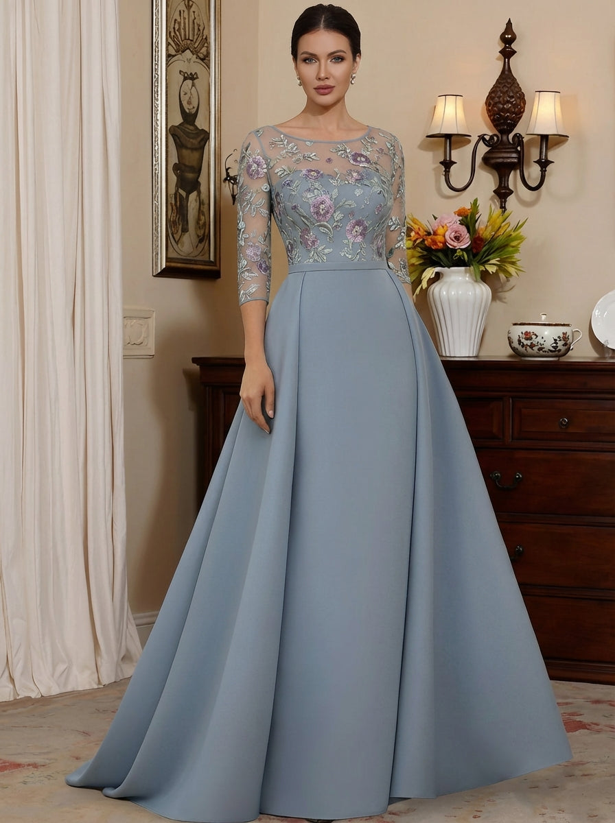 A-Line/Princess Scoop Satin Mother of the Bride Dresses Lace Floral Floor-Length 3/4 Sleeves