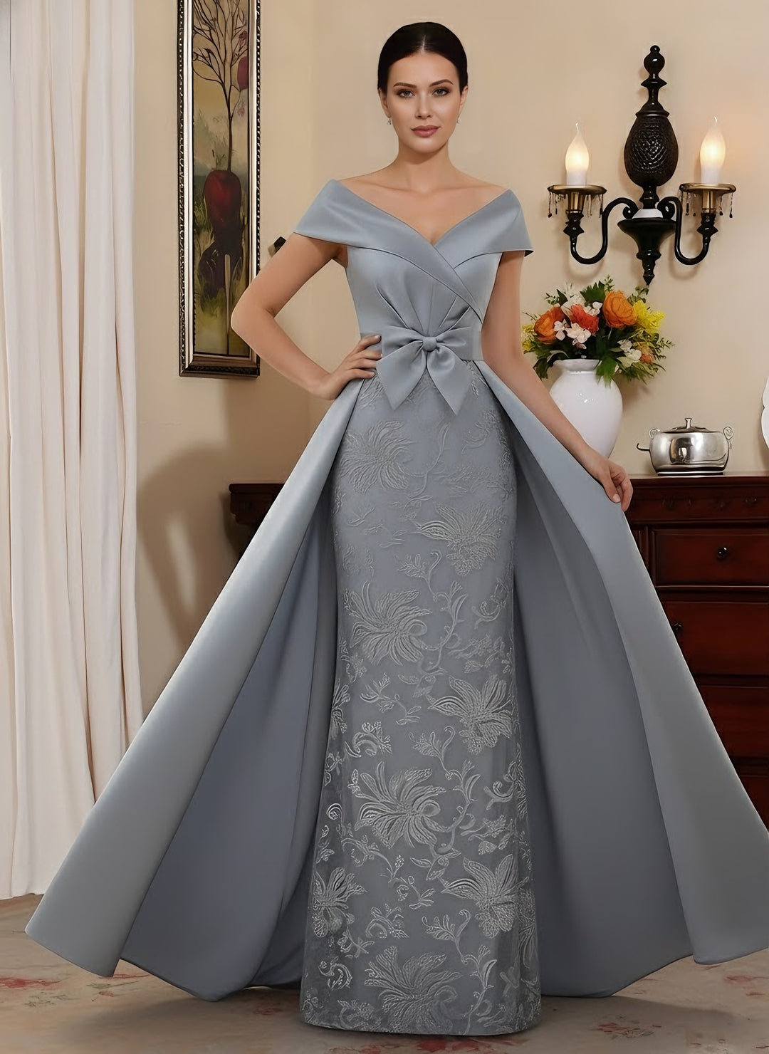 Sheath/Column Off-the-Shoulder Satin Mother of the Bride Dresses with Overskirt Sleeveless Floor-Length Lace Bowknot