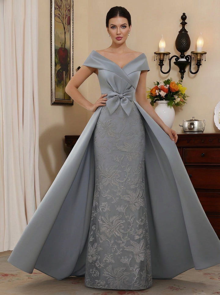 Sheath/Column Off-the-Shoulder Satin Mother of the Bride Dresses with Overskirt Sleeveless Floor-Length Lace Bowknot