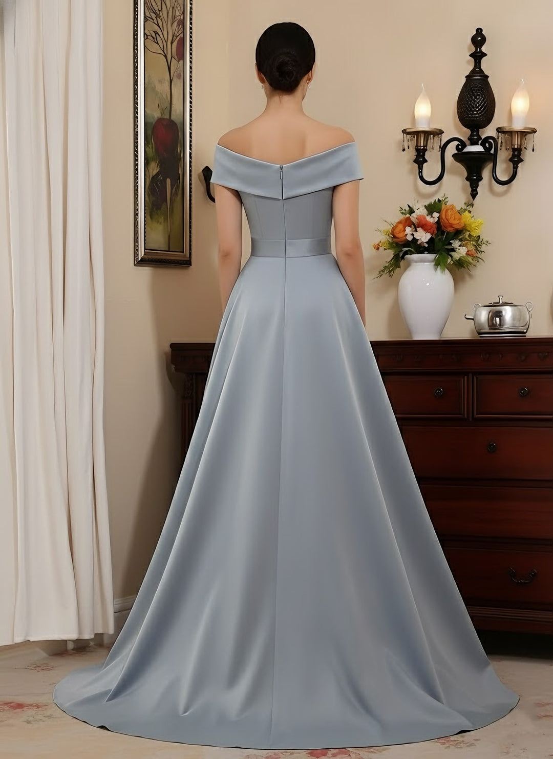 Sheath/Column Off-the-Shoulder Satin Mother of the Bride Dresses with Overskirt Sleeveless Floor-Length Lace Bowknot