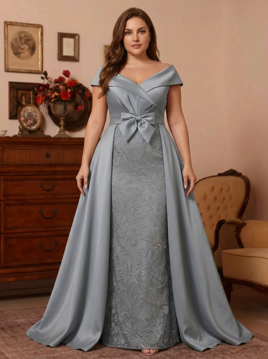 Sheath/Column Off-the-Shoulder Satin Plus Size Mother of the Bride Dresses with Overskirt Sleeveless Floor-Length Lace Bowknot