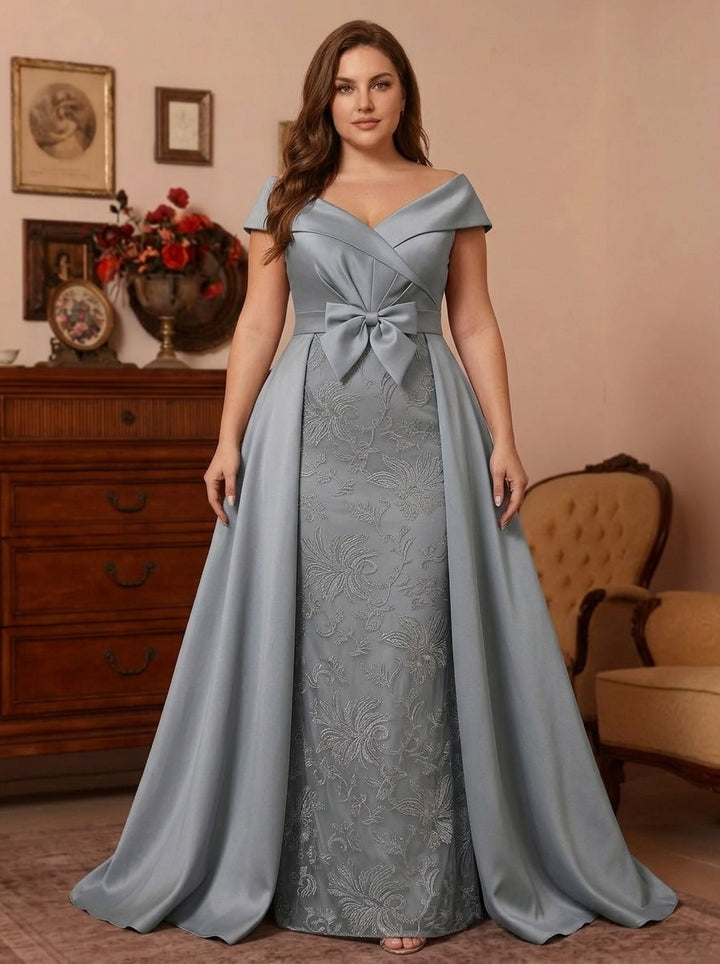 Sheath/Column Off-the-Shoulder Satin Plus Size Mother of the Bride Dresses with Overskirt Sleeveless Floor-Length Lace Bowknot