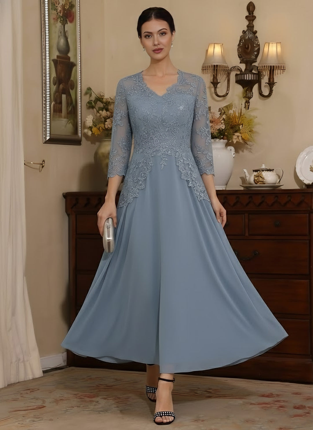 A-Line/Princess V-Neck Chiffon Mother of the Bride Dresses Lace Ankle-Length 3/4 Sleeves