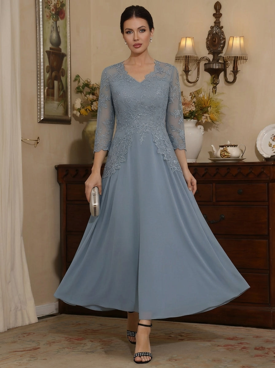 A-Line/Princess V-Neck Chiffon Mother of the Bride Dresses Lace Ankle-Length 3/4 Sleeves