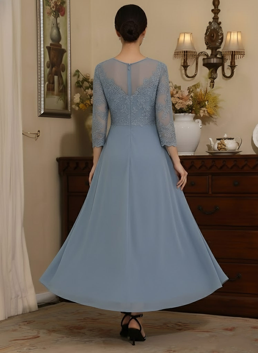 A-Line/Princess V-Neck Chiffon Mother of the Bride Dresses Lace Ankle-Length 3/4 Sleeves