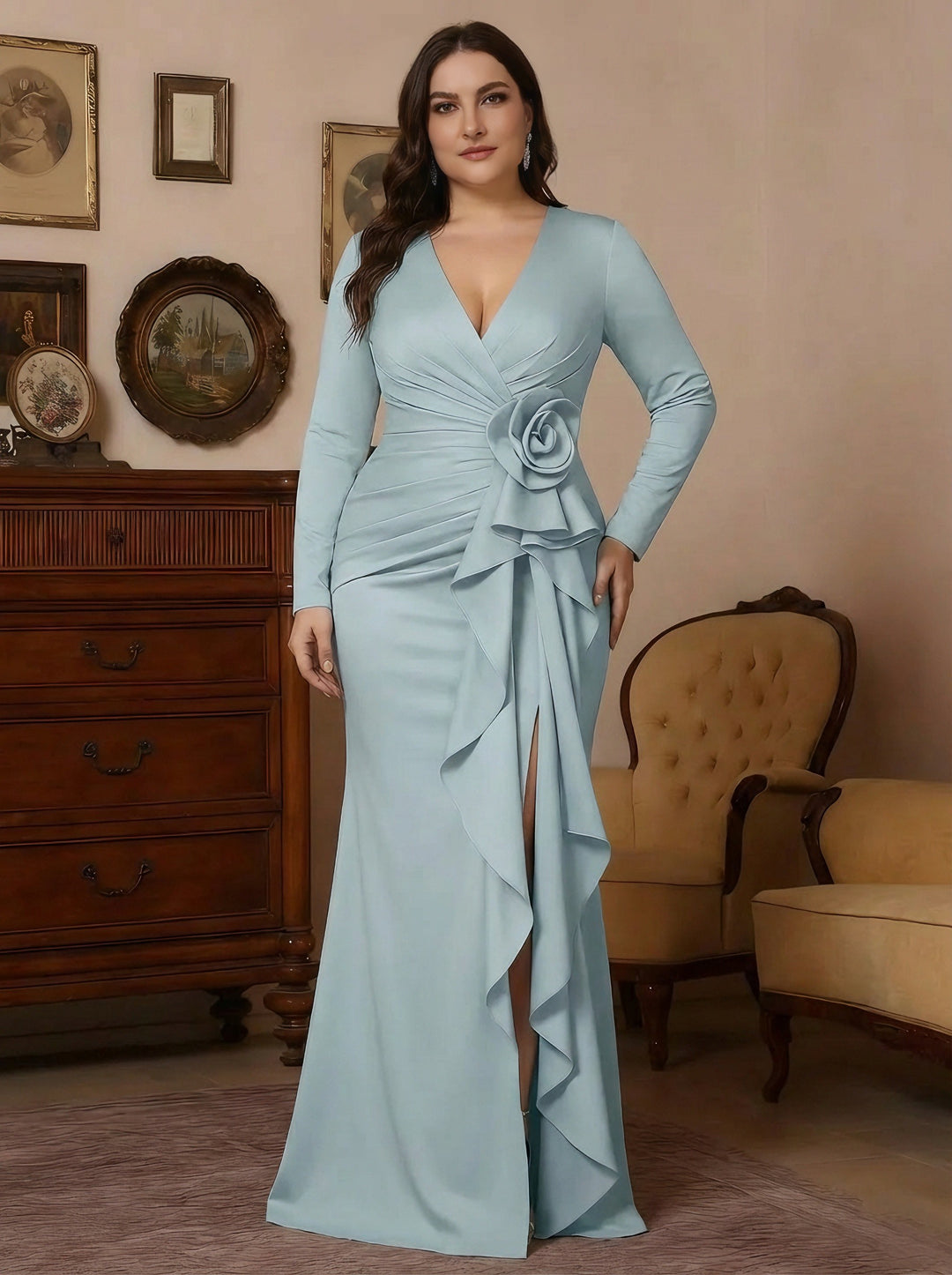 Trumpet/Mermaid V-Neck Stretch Satin Plus Size Mother of the Bride Dresses with Split Side Floor-Length Long Sleeves Sash 3D Flower Ruched