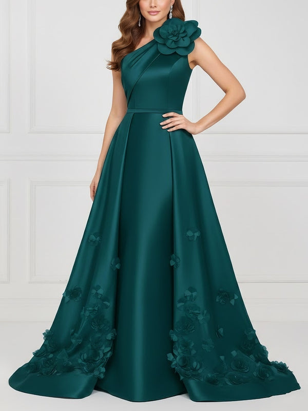 Sheath/Column One-Shoulder Satin Mother of the Bride Dresses with Overskirt Sleeveless Floral Floor-Length 3D Flower