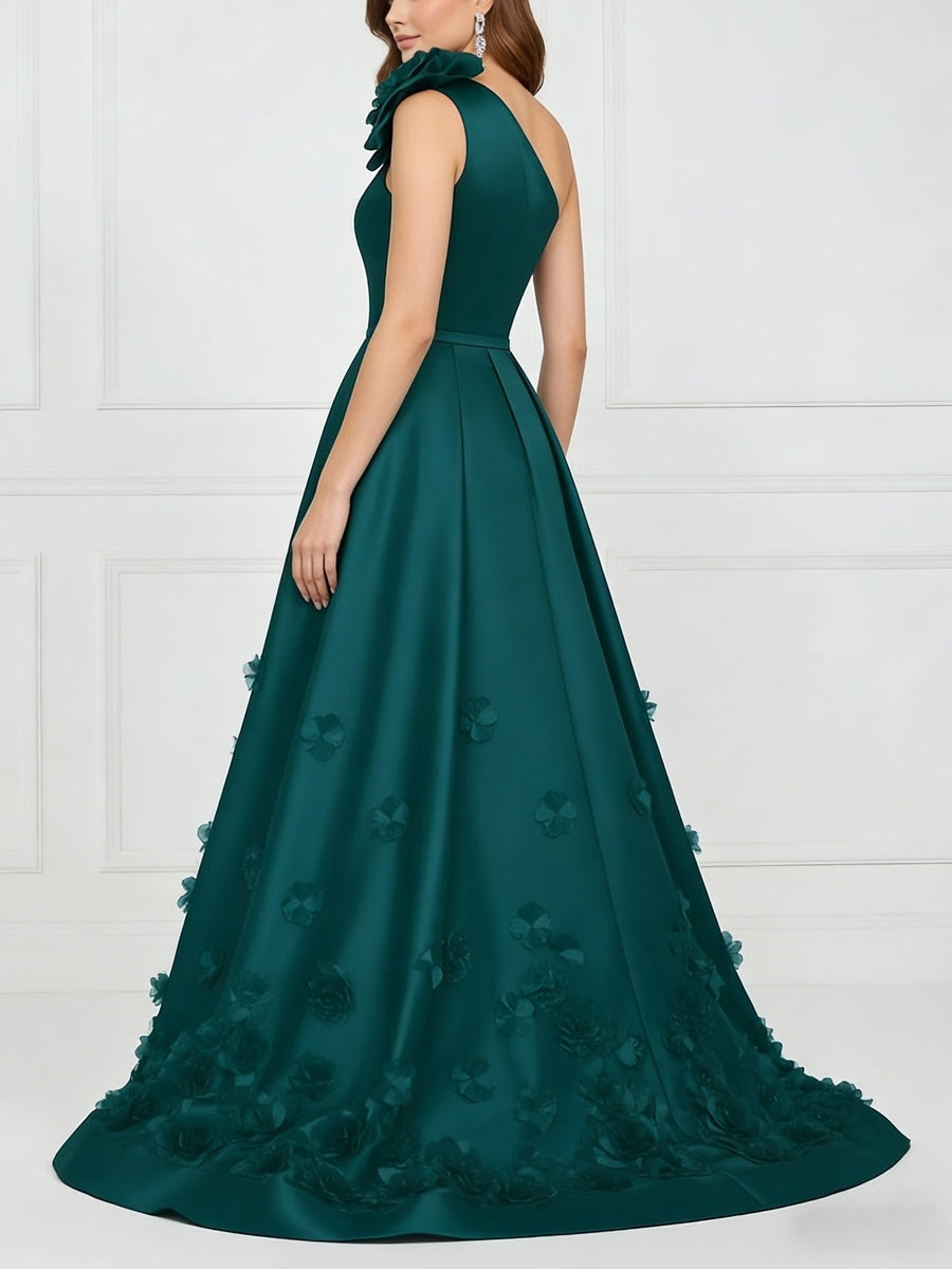 Sheath/Column One-Shoulder Satin Mother of the Bride Dresses with Overskirt Sleeveless Floor-Length 3D Flower