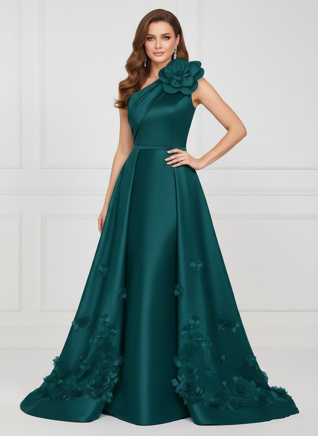 Sheath/Column One-Shoulder Satin Mother of the Bride Dresses with Overskirt Sleeveless Floor-Length 3D Flower