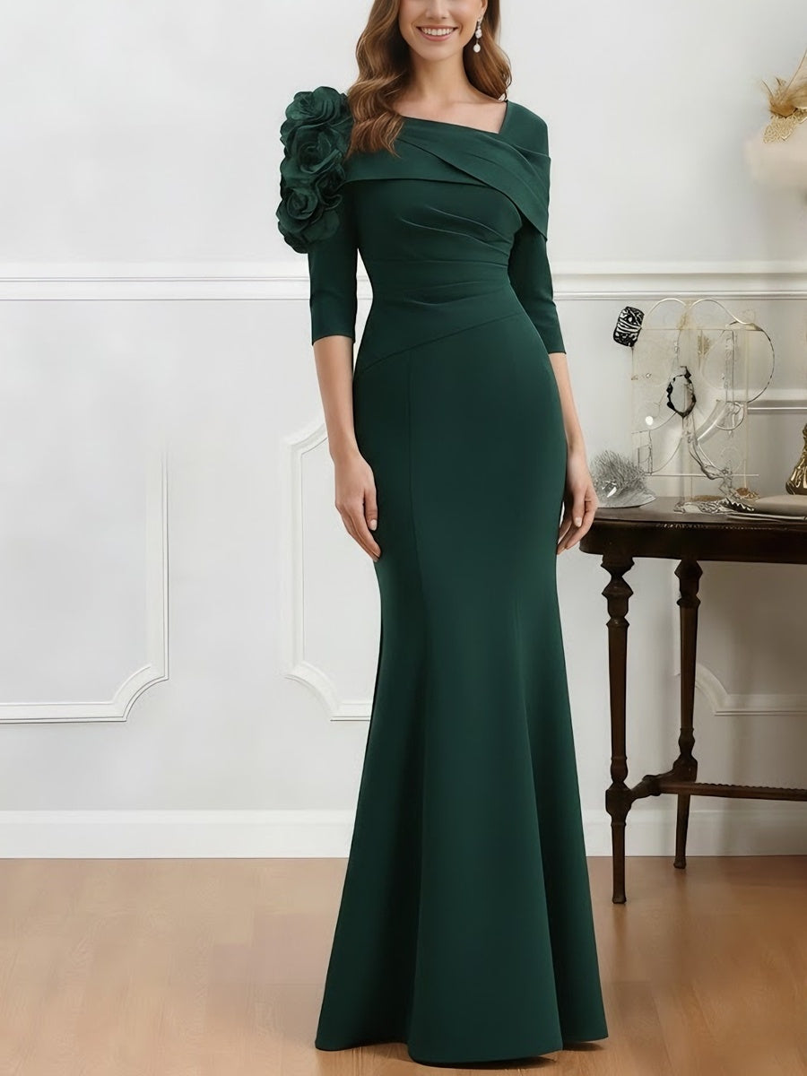 Trumpet/Mermaid Asymmetrical Neck Stretch Satin Mother of the Bride Dresses Floor-Length Half Sleeves 3D Flower