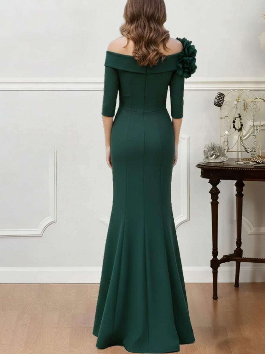 Trumpet/Mermaid Asymmetrical Neck Stretch Satin Mother of the Bride Dresses Floor-Length Half Sleeves 3D Flower