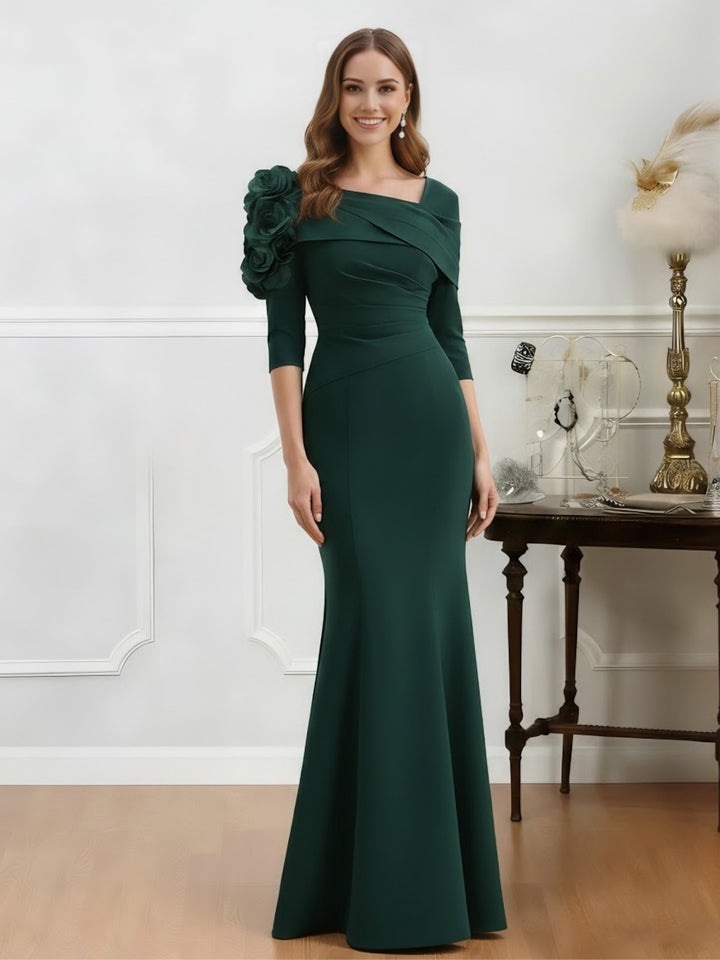 Trumpet/Mermaid Asymmetrical Neck Stretch Satin Mother of the Bride Dresses Floor-Length Half Sleeves 3D Flower
