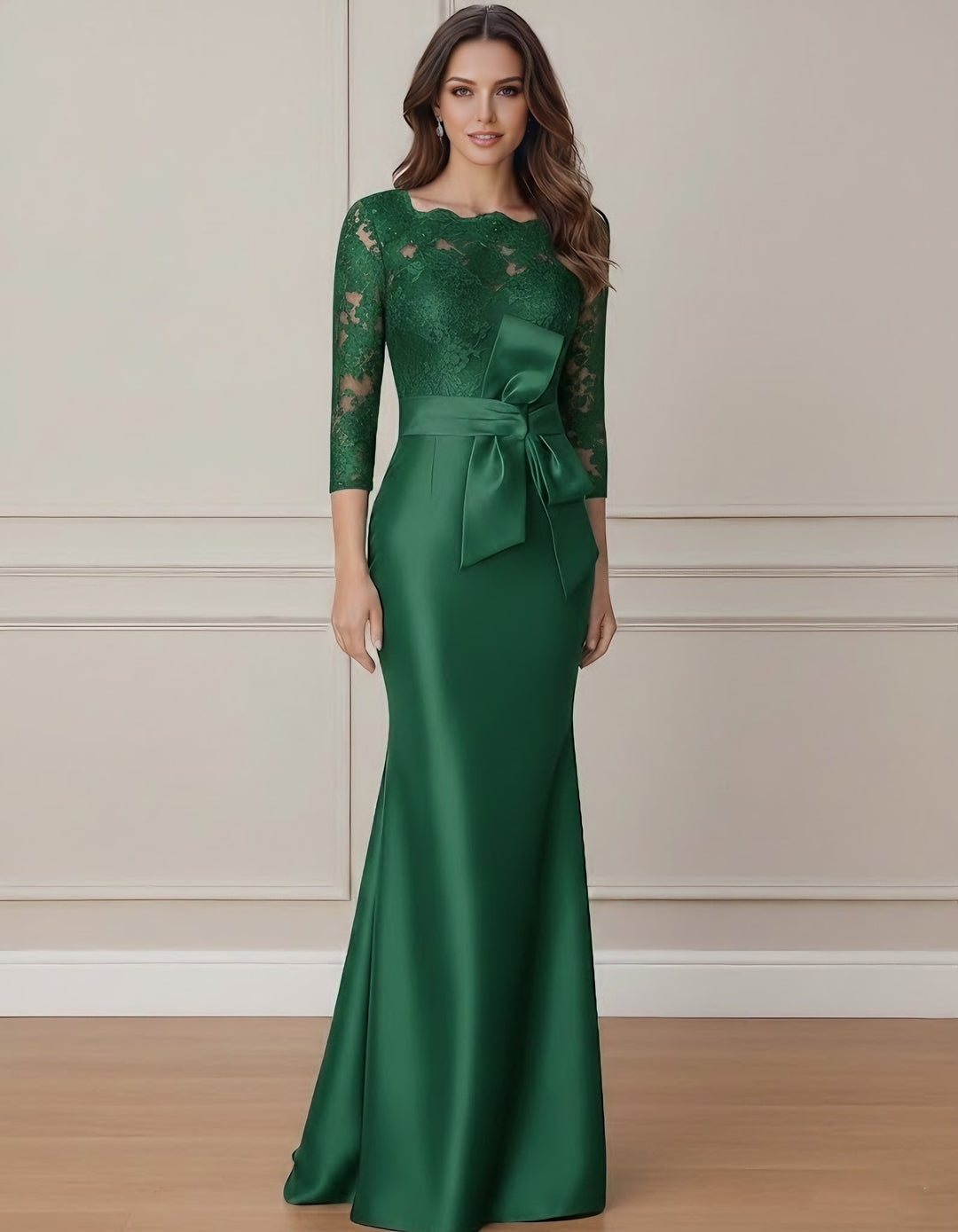 Trumpet/Mermaid Scoop Satin Mother of the Bride Dresses With Bow Lace 3/4 Sleeves Floor-Length