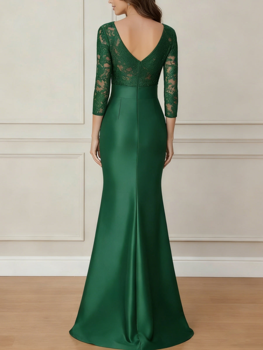 Trumpet/Mermaid Scoop Satin Mother of the Bride Dresses With Bow Lace 3/4 Sleeves Floor-Length