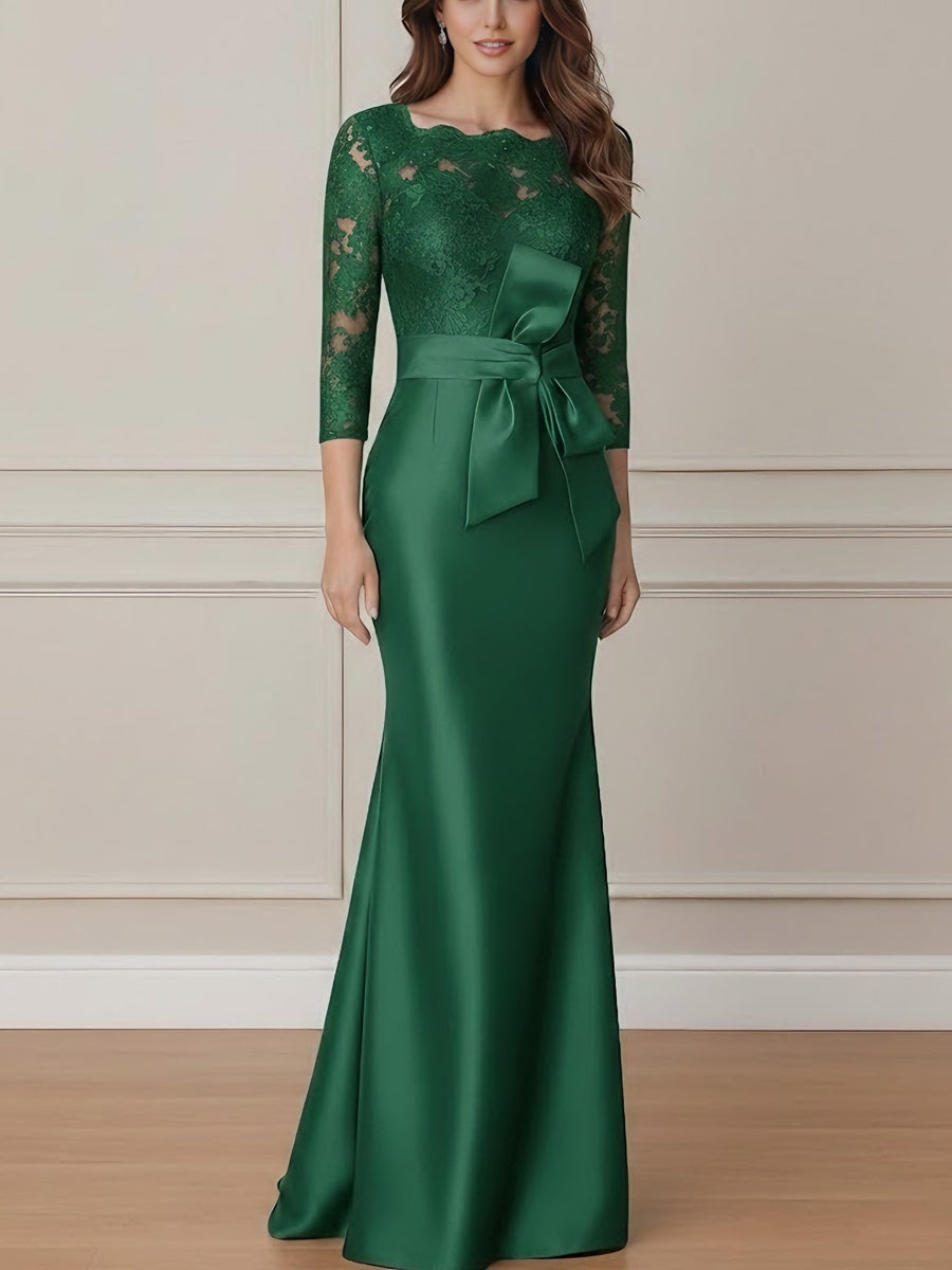 Trumpet/Mermaid Scoop Satin Mother of the Bride Dresses With Bow Lace 3/4 Sleeves Floor-Length