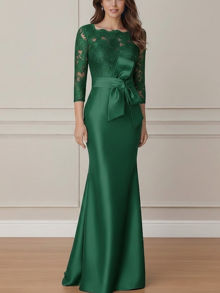 Trumpet/Mermaid Scoop Satin Mother of the Bride Dresses With Bow Lace 3/4 Sleeves Floor-Length