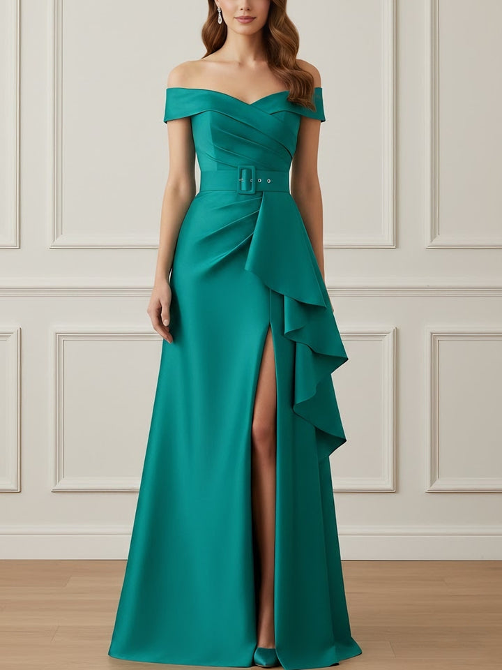 A-Line/Princess Off-the-Shoulder Satin Mother of the Bride Dresses with Split Side Floor-Length Sleeveless Sash Ruffles
