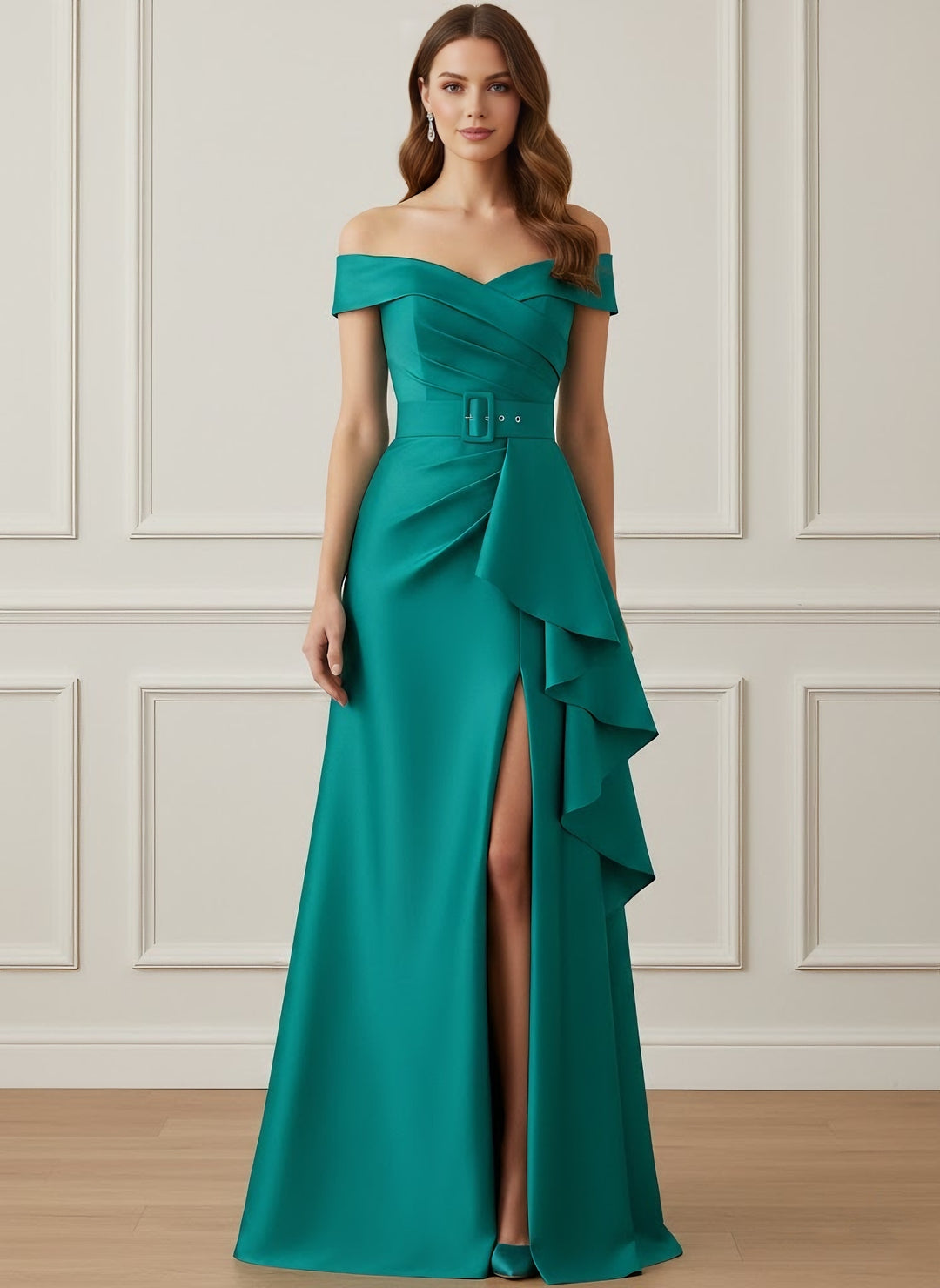 A-Line/Princess Off-the-Shoulder Satin Mother of the Bride Dresses with Split Side Floor-Length Sleeveless Sash Ruffles