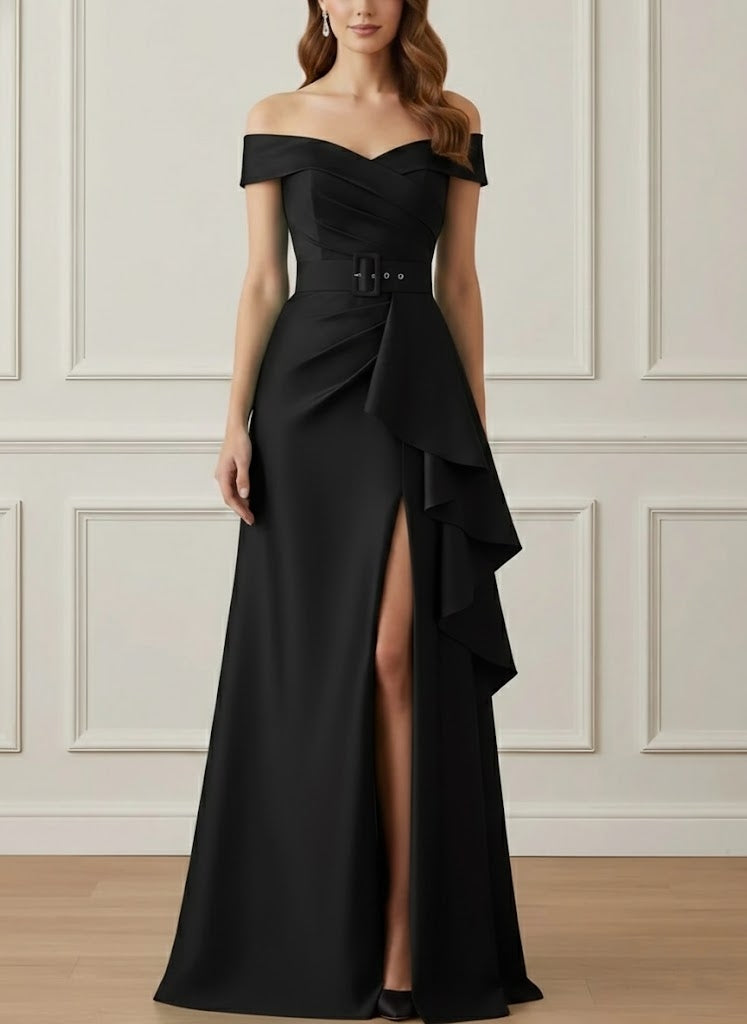 A-Line/Princess Off-the-Shoulder Satin Mother of the Bride Dresses with Split Side Floor-Length Sleeveless Sash Ruffles