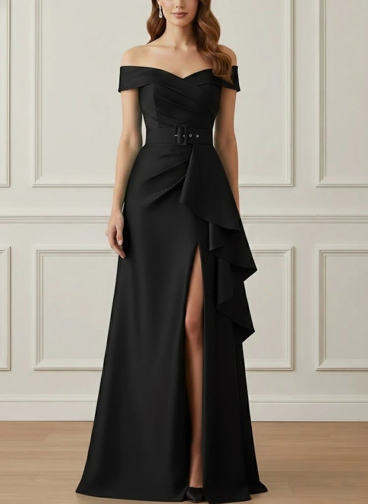 A-Line/Princess Off-the-Shoulder Satin Mother of the Bride Dresses with Split Side Floor-Length Sleeveless Sash Ruffles