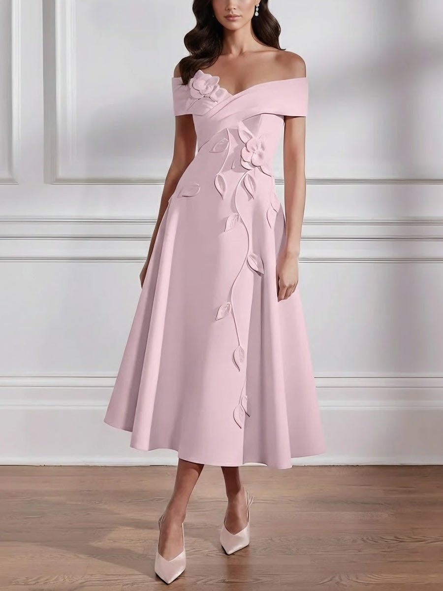A-Line/Princess Off-the-shoulder Stretch Satin Mother of the Bride Dresses with 3D Flower Tea-Length Sleeveless