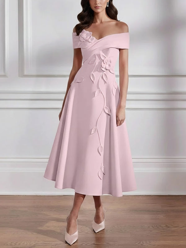 A-Line/Princess Off-the-shoulder Stretch Satin Mother of the Bride Dresses with 3D Flower Tea-Length Floral Sleeveless