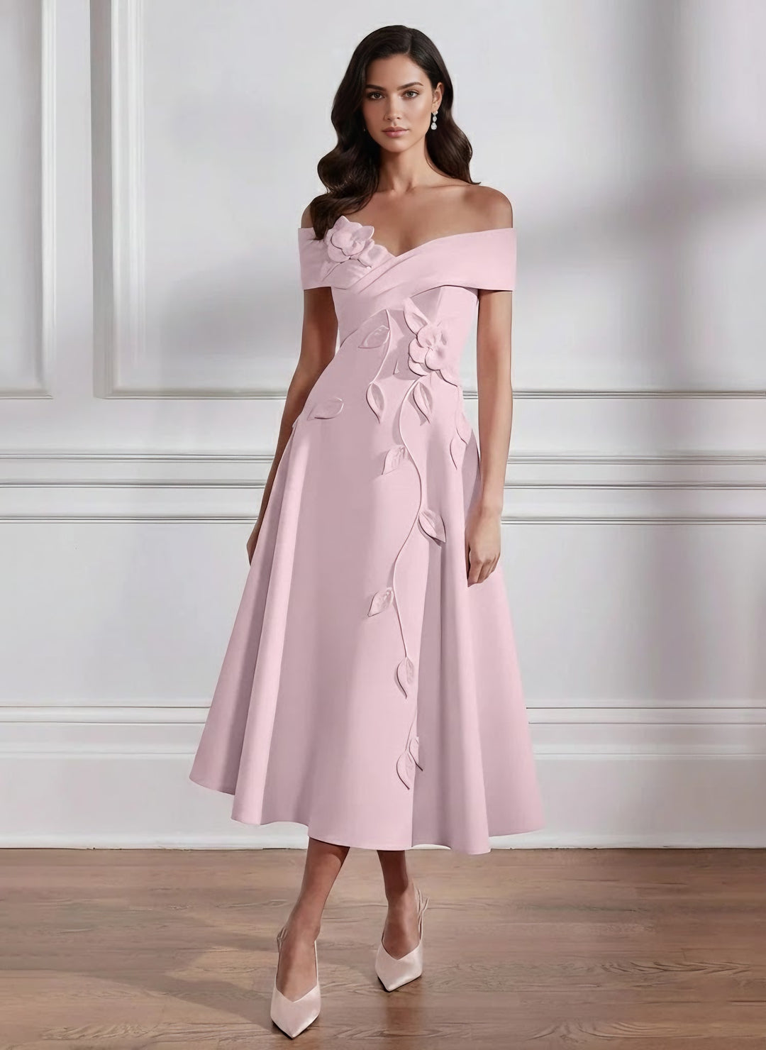 A-Line/Princess Off-the-shoulder Stretch Satin Mother of the Bride Dresses with 3D Flower Tea-Length Sleeveless