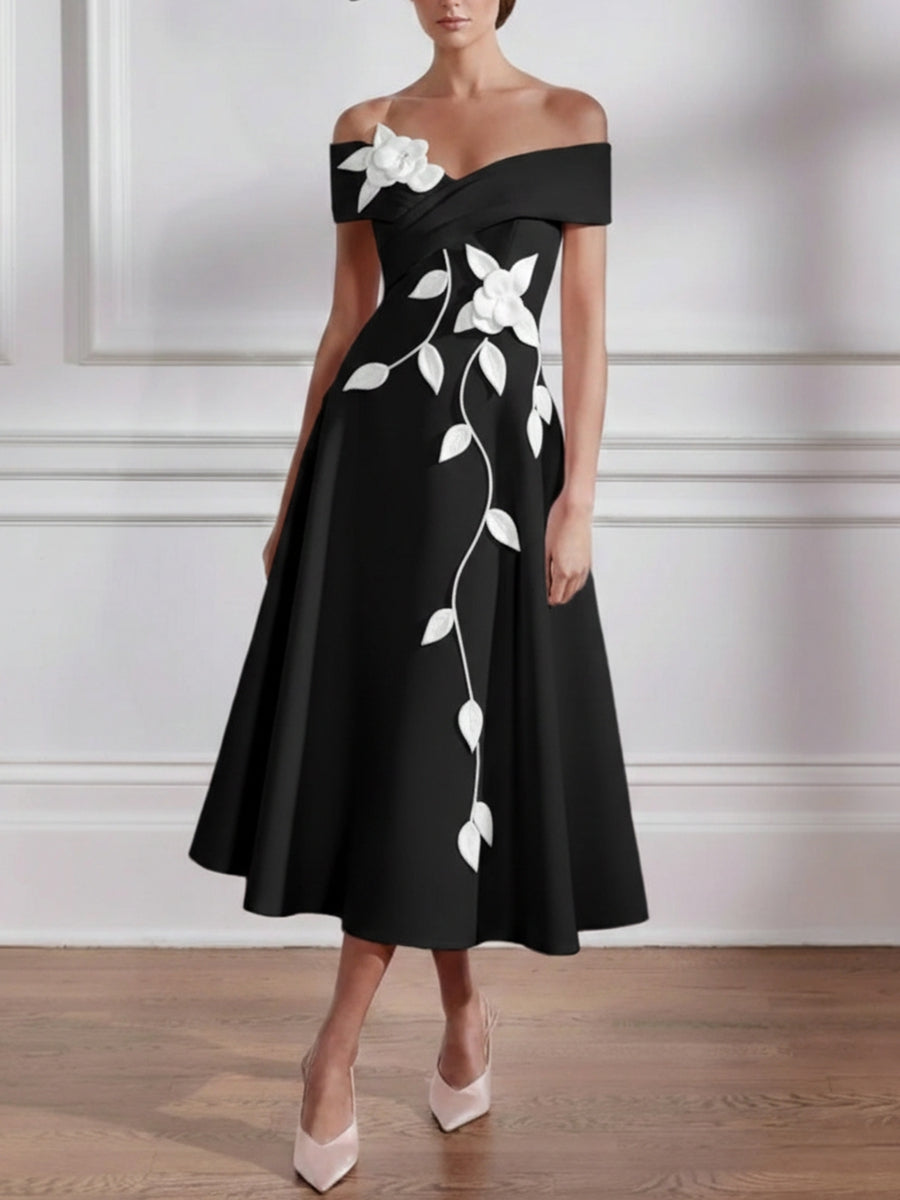 A-Line/Princess Off-the-shoulder Stretch Satin Mother of the Bride Dresses with 3D Flower Tea-Length Sleeveless