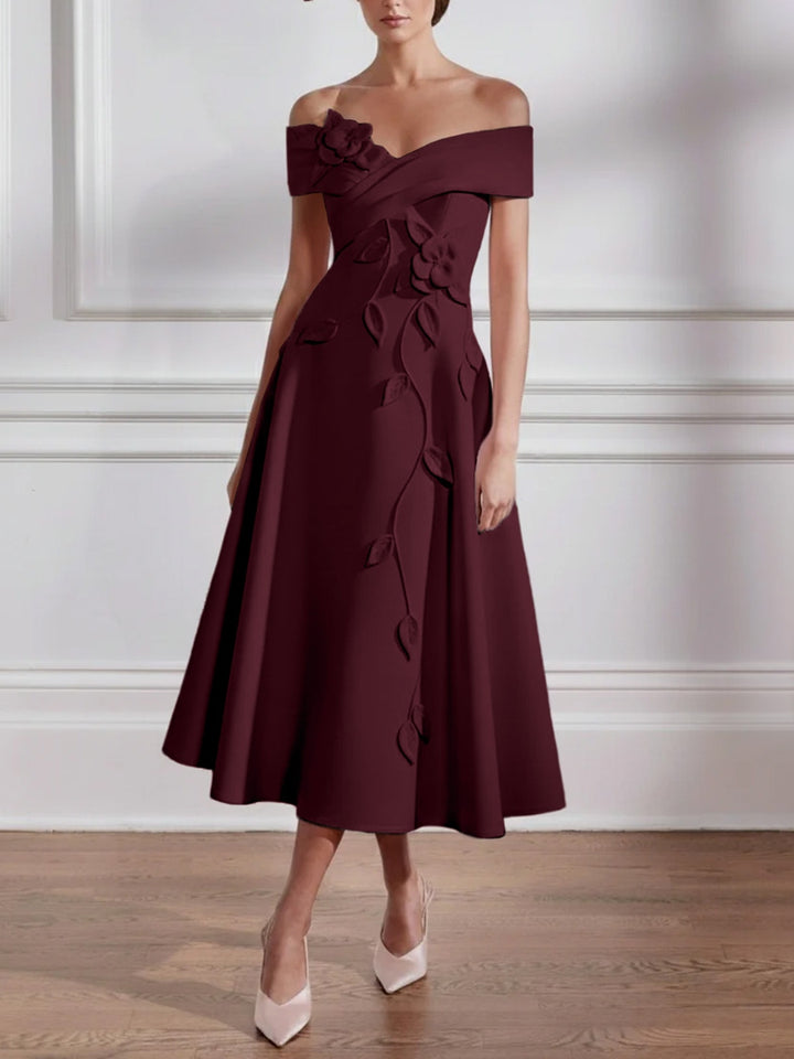 A-Line/Princess Off-the-shoulder Stretch Satin Mother of the Bride Dresses with 3D Flower Tea-Length Sleeveless