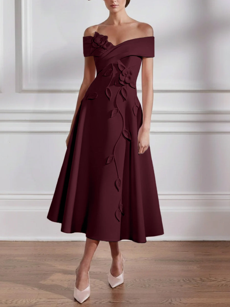 A-Line/Princess Off-the-shoulder Stretch Satin Mother of the Bride Dresses with 3D Flower Tea-Length Floral Sleeveless