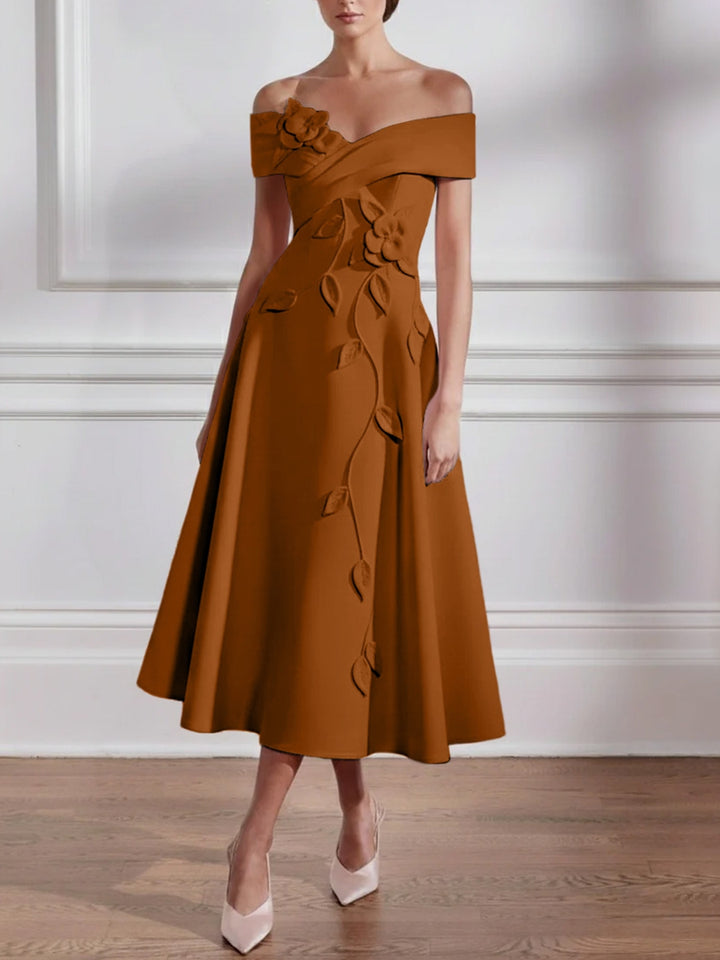 A-Line/Princess Off-the-shoulder Stretch Satin Mother of the Bride Dresses with 3D Flower Tea-Length Sleeveless