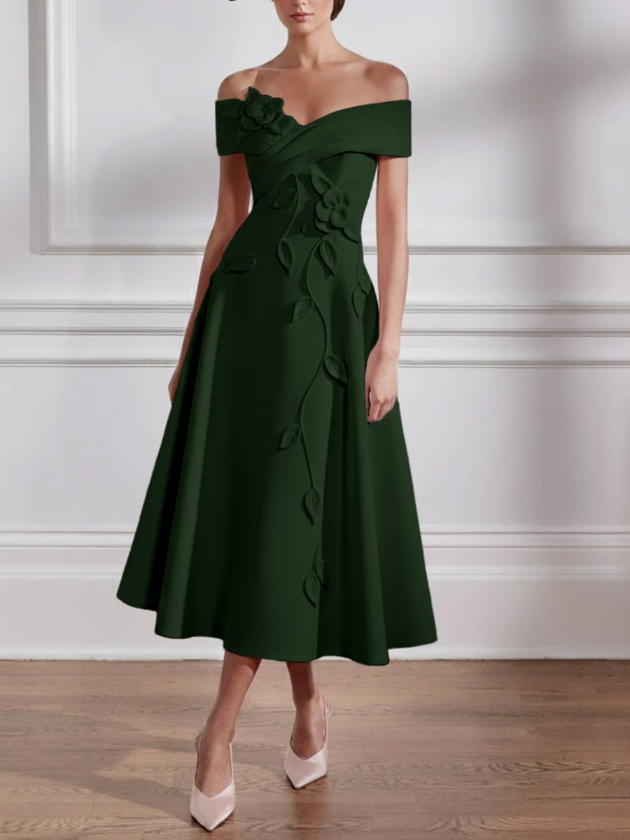 A-Line/Princess Off-the-shoulder Stretch Satin Mother of the Bride Dresses with 3D Flower Tea-Length Sleeveless