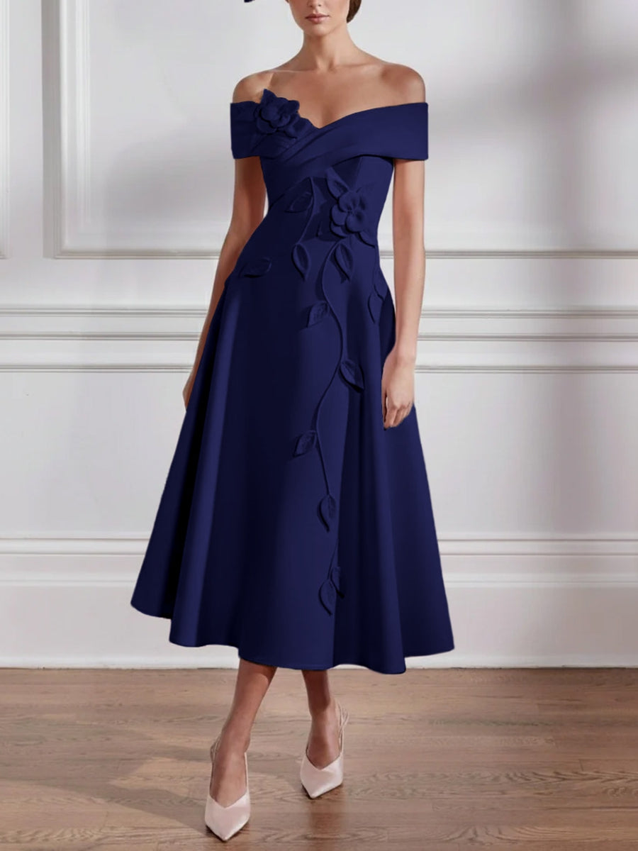 A-Line/Princess Off-the-shoulder Stretch Satin Mother of the Bride Dresses with 3D Flower Tea-Length Sleeveless