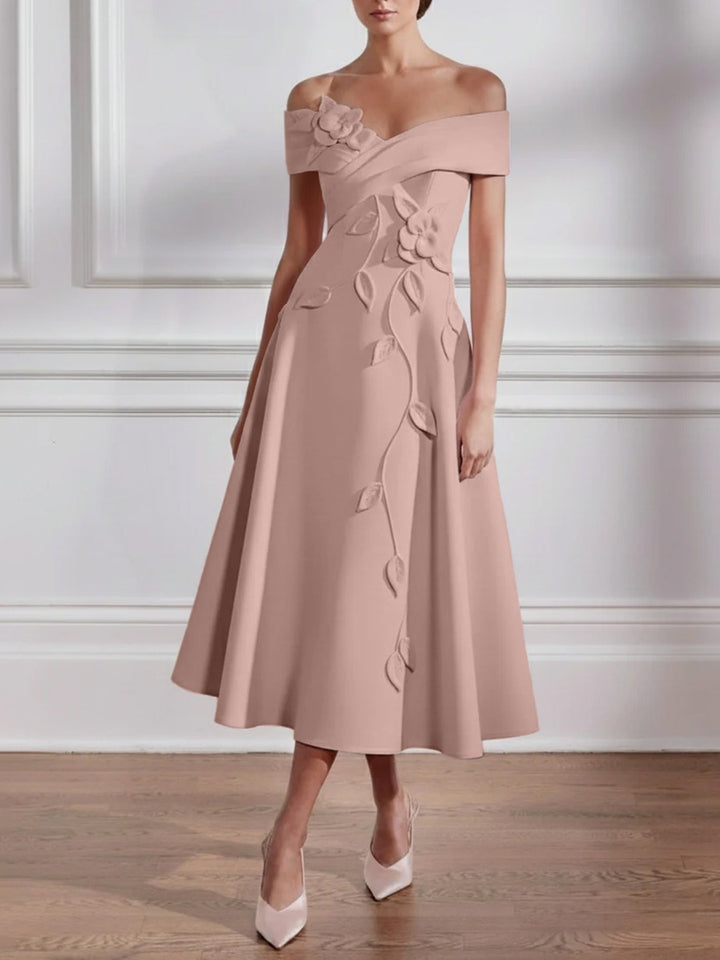 A-Line/Princess Off-the-shoulder Stretch Satin Mother of the Bride Dresses with 3D Flower Tea-Length Sleeveless